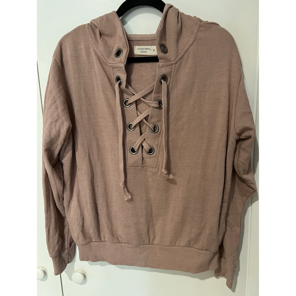 Ocean Drive Hoodie Lt Pink Sz. S‎ Criss Cross Tie Vneck -Comfort Sweatshirt